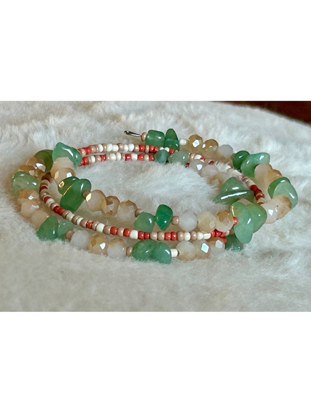 Handcrafted Multi-Strand Beaded Bracelet with Green and Beige Gemstones